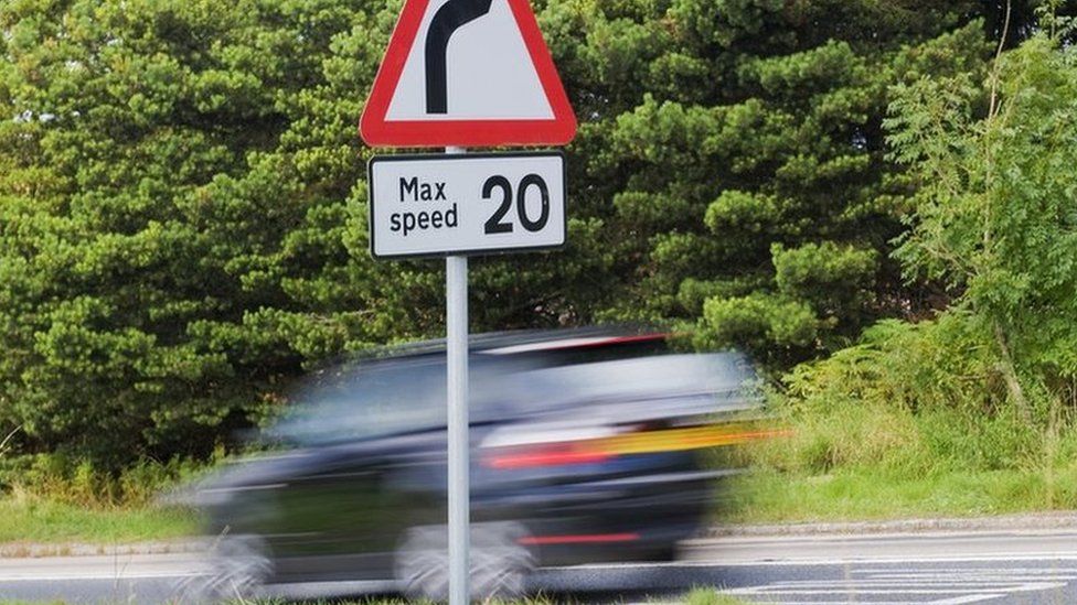 Car speeding past 20mph sign