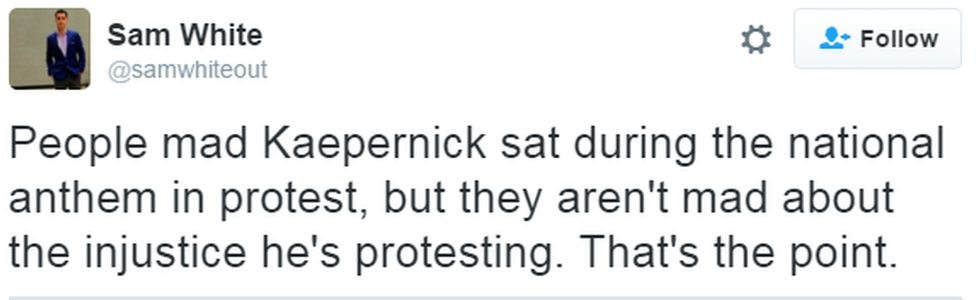 A tweet reads: "People mad Kaepernick sat during the national anthem in protest, but they aren't mad about the injustice he's protesting. That's the point."