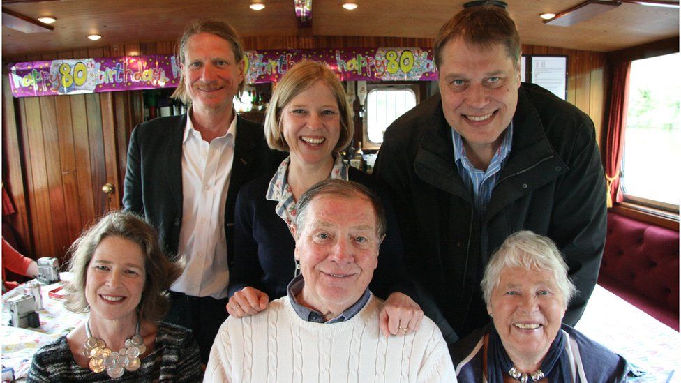 Jenny, Jeremy, Cathy, Tim on Ted's 80th b/day on boat on Thames.