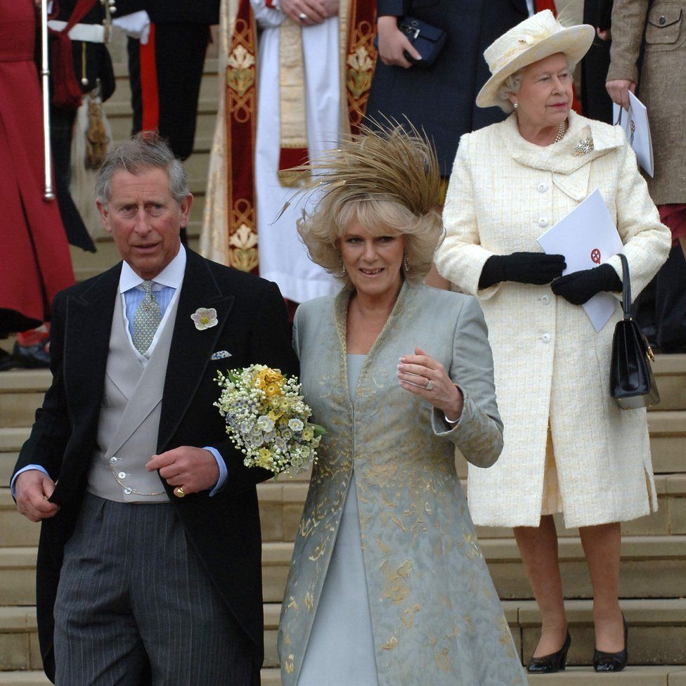 The Prince of Wales leaving St George's Chapel in Windsor after marrying Camilla Parker-Bowles