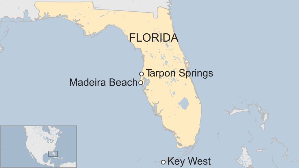 Map of Florida showing Tarpon Springs, Madeira Beach and Key West