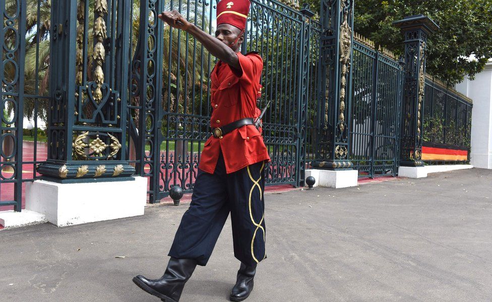A presidential guard marching outside the presidential palace in Dakar, Senegal - Wednesday 29 August 2018
