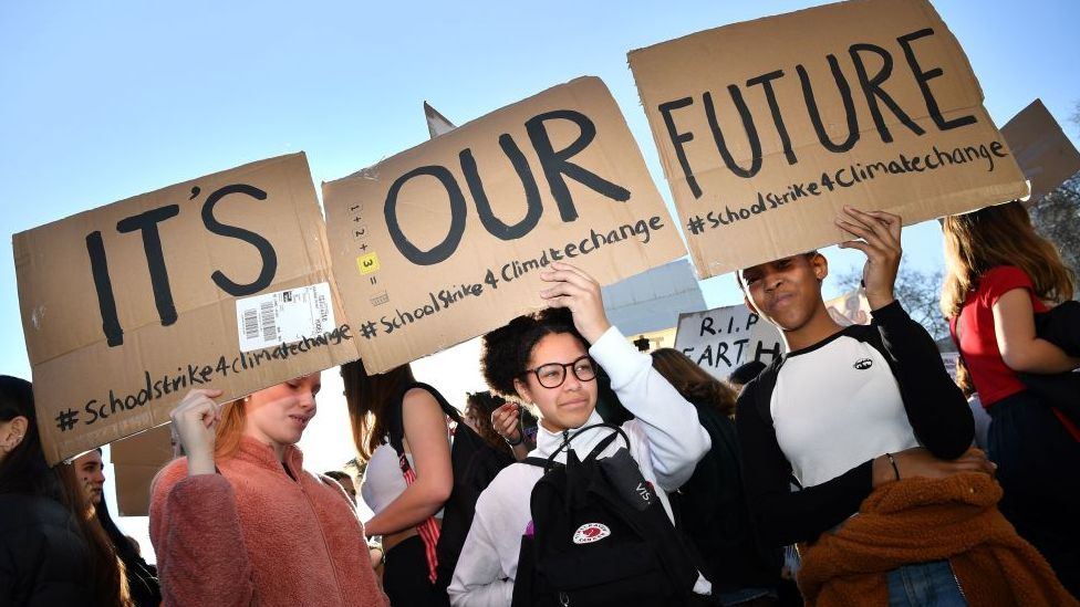 Climate change protesters holding a sign saying "It's our future"