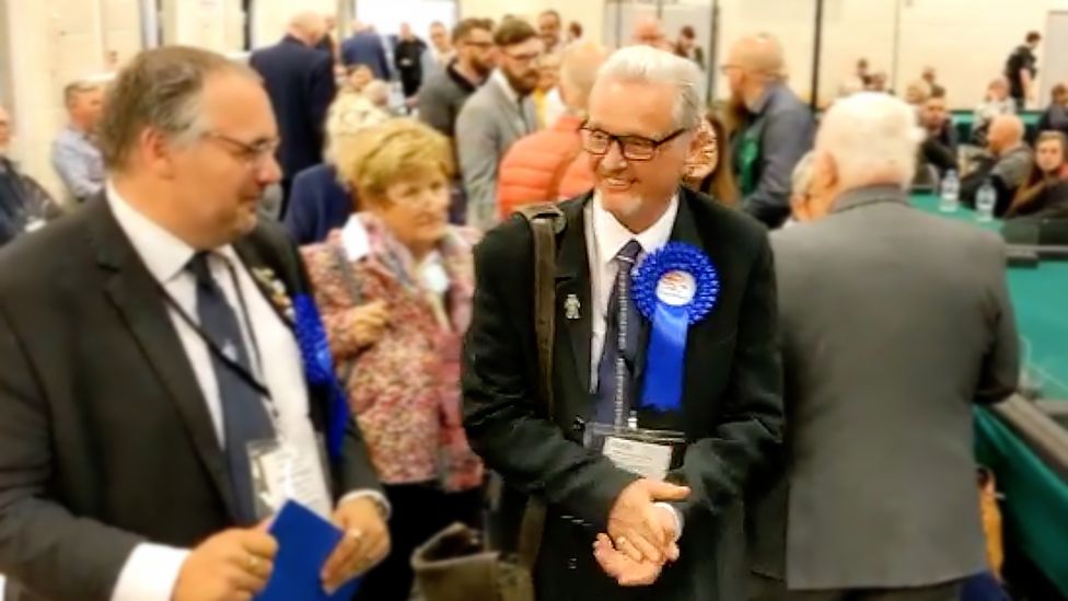 Marco Lorenzini at the local elections in Harlow celebrating winning the Bush Fair seat