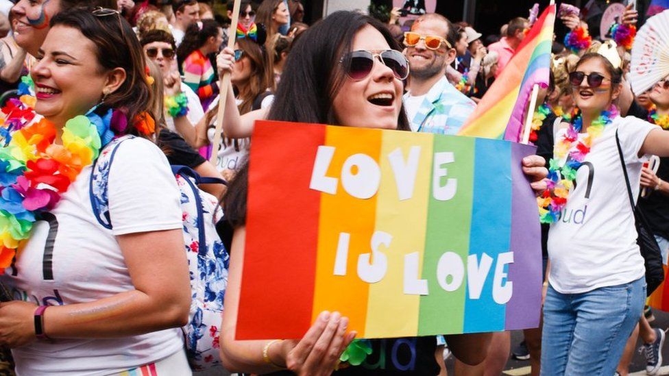 Members and supporters of the LGBT community take part in the 2019 Pride parade in London
