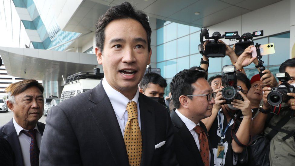 Pita Limjaroenrat arriving for his trial hearing at the Constitutional Court in Bangkok on 24 January, where he was found not guilty