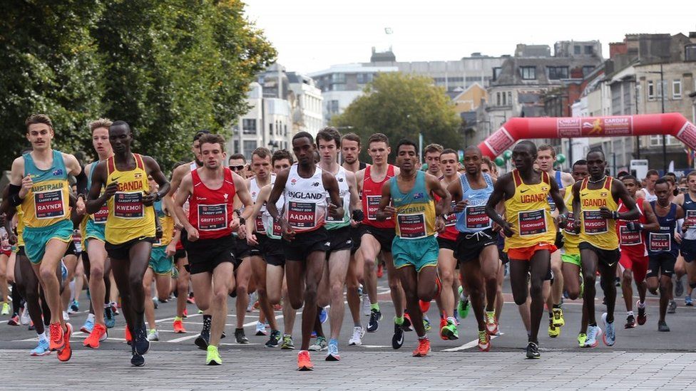 Runners at the start of the Cardiff Half Marathon