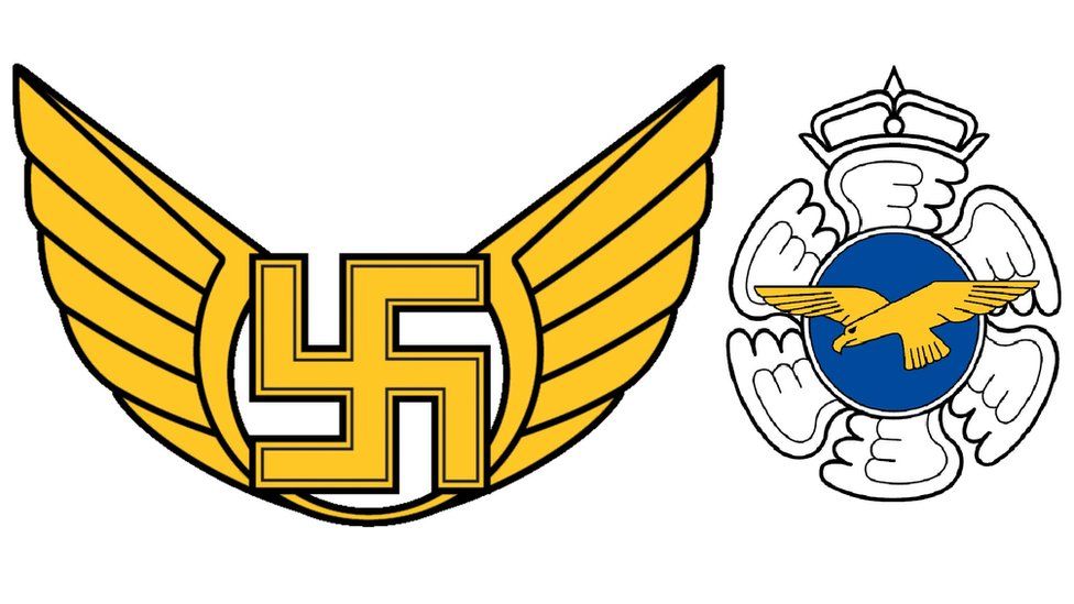 Old logo of Finnish Air Force Command at left, next to current logo of Air Force