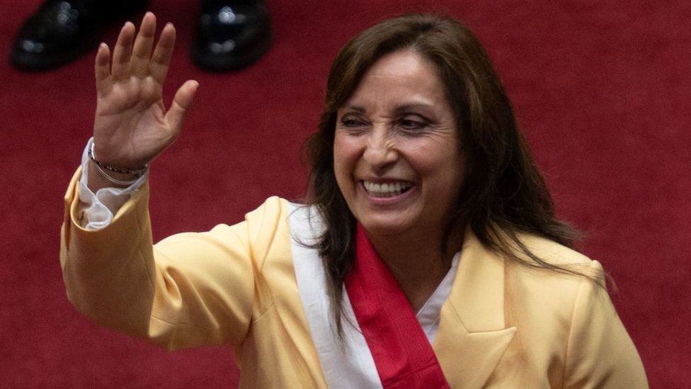 Dina Boluarte greets Congress after being sworn in as President after former President Pedro Castillo was impeached in Lima, on 7 December, 2022