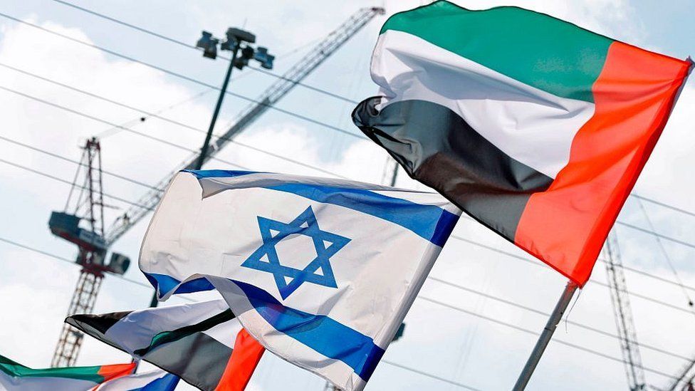 Israeli and United Arab Emirates flags line a road in the Israeli coastal city of Netanya