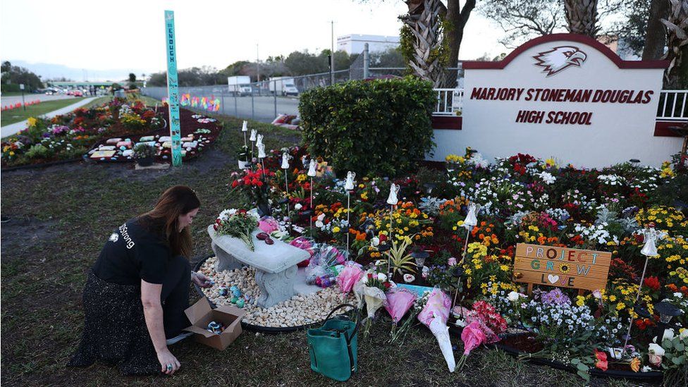 A memorial on the one-year anniversary of the shooting in Parkland, Florida