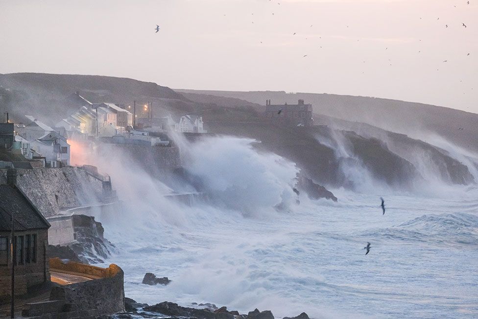 Waves hits Porthleven on the Cornish coast as Storm Eunice makes landfall on 18 February 2022