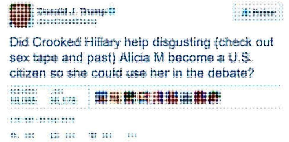 @RealDonaldTrump "Did Crooked HIllary help disgusting (check out sex tape and past) Alicia M become a US citizen so she could use her in the debate?"