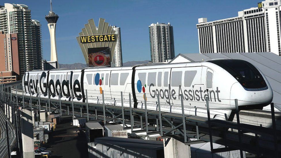Google Assistant branding on a Monorail train in Las Vegas