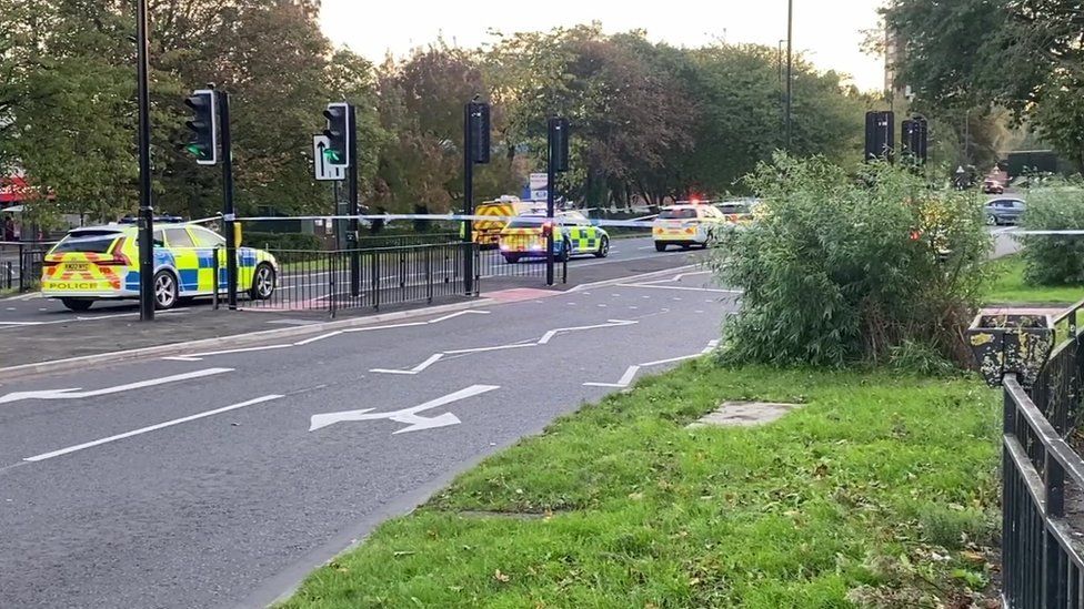 Police vehicles and a cordon at West Denton on Sunday 15 October