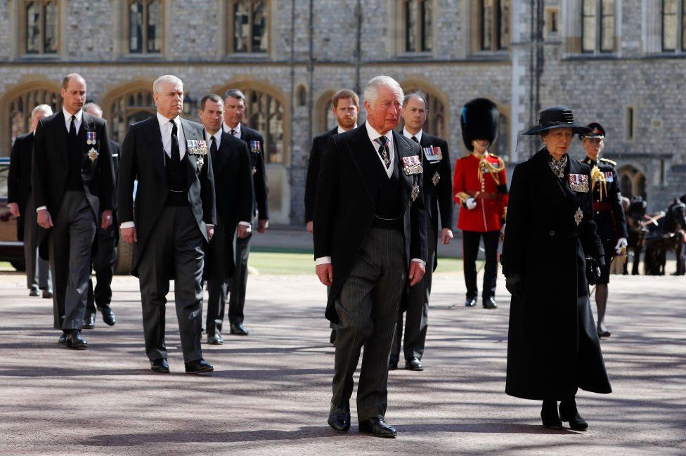 Royal family at funeral of Prince Philip, Duke of Edinburgh at Windsor Castle on 17 April, 2021