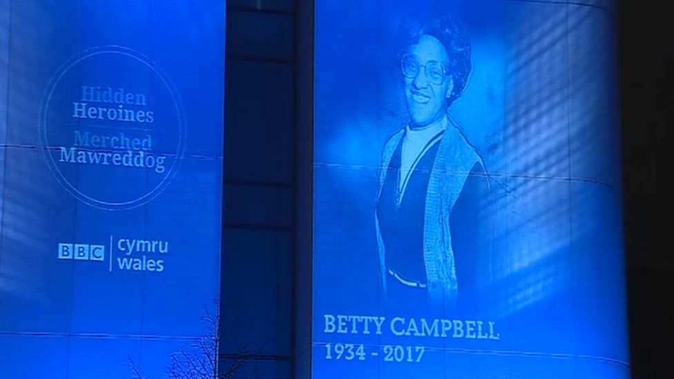 Betty Campbell's face was projected on the side of BBC Wales' new building as the winner was announced