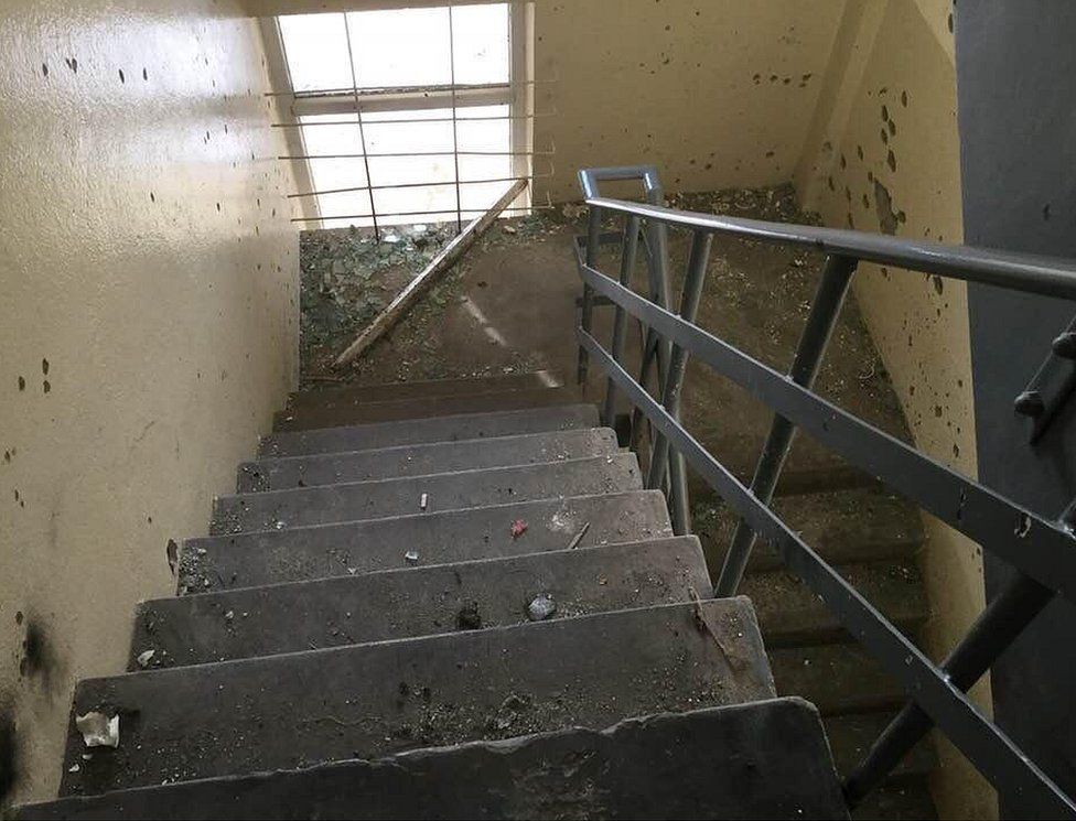 Damage in a stairwell at the Intercontinental Hotel in Kabul