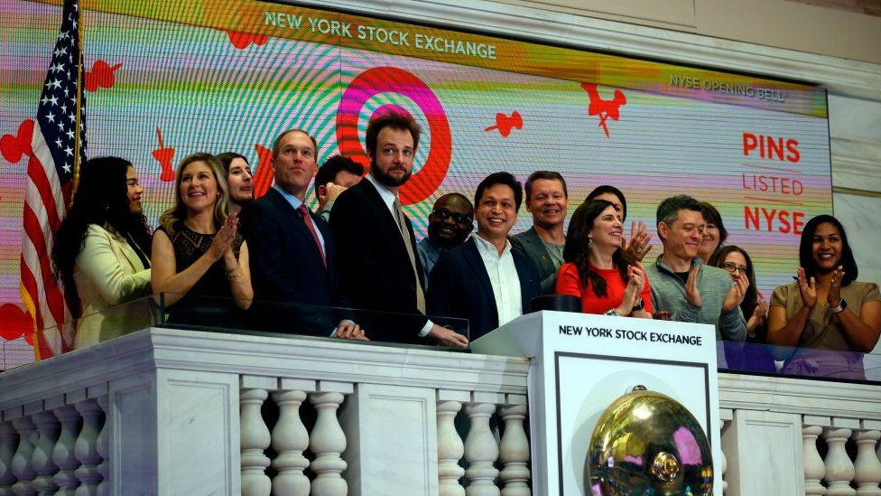 Co-founders and CEO of Pinterest, Ben Silbermann and Evan Sharp ring the opening bell at the New York Stock Exchange, during the company's IPO on April 18, 2019.