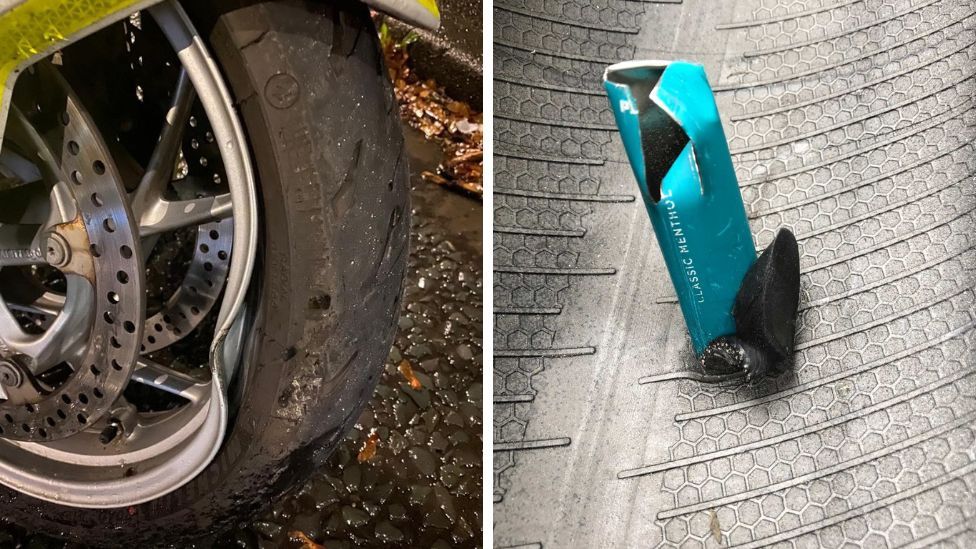 Motorbike tyre pierced by vaping device