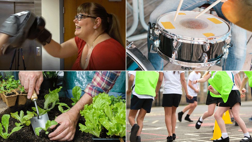 Montage of images of a woman boxing, a man drumming, kids running and a gardener