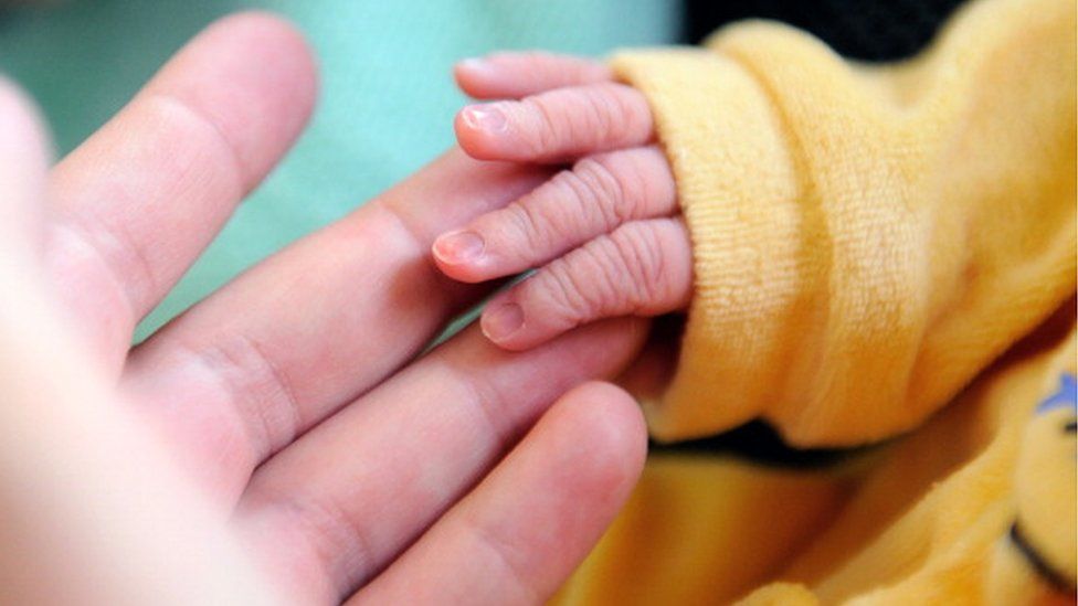 An adult holding a baby's hand