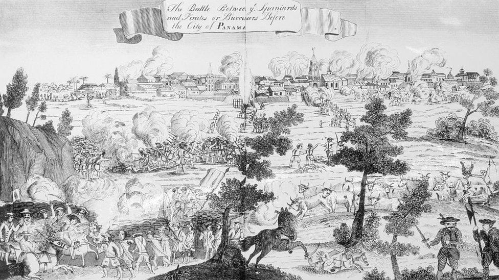 Henry Morgan's attack on Panama, 1671. Undated illustration