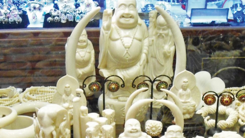 Ivory items on sale in a shop in Laos
