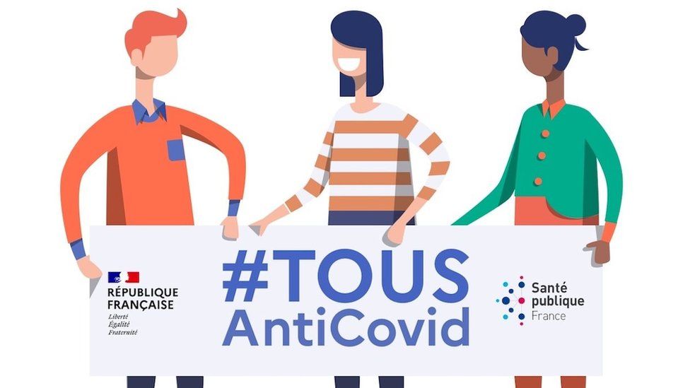 Three cartoon people hold a banner reading "tousAntiCvoid", the name of the new French app, which means "everyone against Covid"