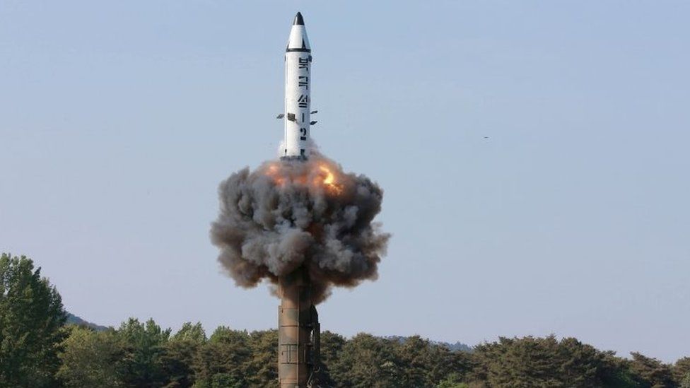 The scene of the intermediate-range ballistic missile Pukguksong-2's launch test in this undated photo released by North Korea's Korean Central News Agency