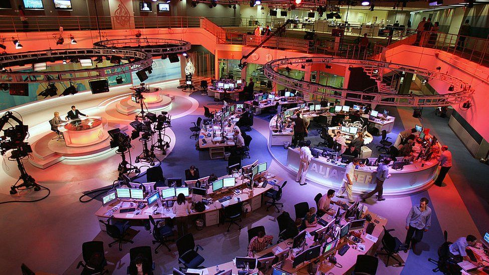 The newsroom at the headquarters of the Qatar-based Al-Jazeera satellite news channel in Doha