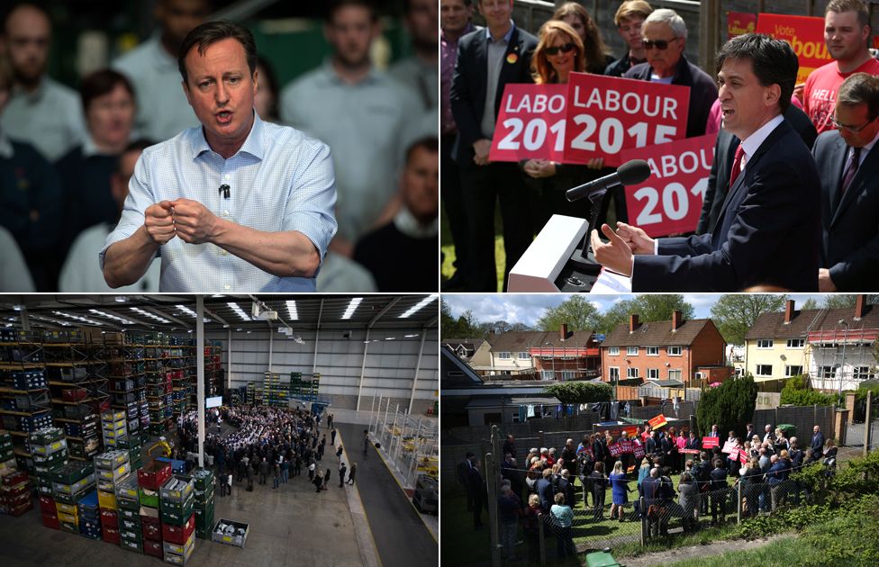 Left top and bottom: Prime Minister David Cameron on a visit to an engineering factory in Birmingham. Right top and bottom: Labour Party leader Ed Miliband campaigns in the back garden of a Labour party office in Cardiff, Wales