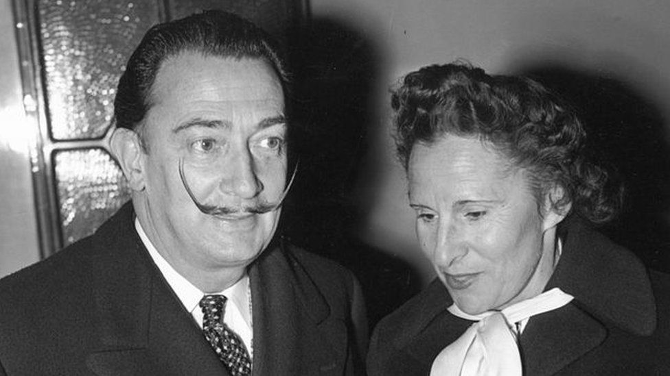 Spanish artist Salvador Dali and his wife Gala in London on 26 April 1955