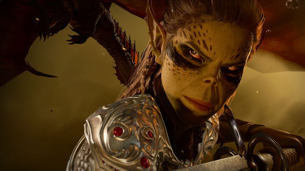 A mythical female warrior from Baldur's Gate 3 with green skin and pointy ears. She looks stern, her red eyes focused on something in the distance. We can see her braided hair spilling down her back and the silver shoulder guard of her ornate armour. In the background, a large, black dragon flies into the shot through a thick yellowish-brown cloud.'s Gate 3 with green skin and pointy ears. She looks stern, her red eyes focused on something in the distance. We can see her braided hair spilling down her back and the silver shoulder guard of her ornate armour. In the background, a large, black dragon flies into the shot through a thick yellowish-brown cloud.'s Gate 3 with green skin and pointy ears. She looks stern, her red eyes focused on something in the distance. We can see her braided hair spilling down her back and the silver shoulder guard of her ornate armour. In the background, a large, black dragon flies into the shot through a thick yellowish-brown cloud.'s Gate 3 with green skin and pointy ears. She looks stern, her red eyes focused on something in the distance. We can see her braided hair spilling down her back and the silver shoulder guard of her ornate armour. In the background, a large, black dragon flies into the shot through a thick yellowish-brown cloud.'s Gate 3 with green skin and pointy ears. She looks stern, her red eyes focused on something in the distance. We can see her braided hair spilling down her back and the silver shoulder guard of her ornate armour. In the background, a large, black dragon flies into the shot through a thick yellowish-brown cloud.'s Gate 3 with green skin and pointy ears. She looks stern, her red eyes focused on something in the distance. We can see her braided hair spilling down her back and the silver shoulder guard of her ornate armour. In the background, a large, black dragon flies into the shot through a thick yellowish-brown cloud.'s Gate 3 with green skin and pointy ears. She looks stern, her red eyes focused on something in the distance. We can see her braided hair spilling down her back and the silver shoulder guard of her ornate armour. In the background, a large, black dragon flies into the shot through a thick yellowish-brown cloud.'s Gate 3 with green skin and pointy ears. She looks stern, her red eyes focused on something in the distance. We can see her braided hair spilling down her back and the silver shoulder guard of her ornate armour. In the background, a large, black dragon flies into the shot through a thick yellowish-brown cloud.