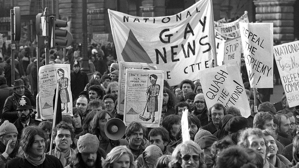 A gay pride march in Trafalgar Square, London in the late-1970s