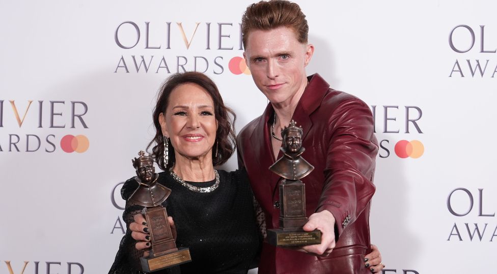 Arlene Phillips and James Cousins in the press room after being presented with the Best Theatre Choreographer award at the Olivier Awards at the Royal Albert Hall, London. Picture date: Sunday April 14, 2024