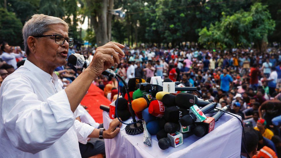 Mirza Fakhrul Islam Alamgir, secretary general of the Bangladesh Nationalist Party (BNP) gives a speech at the Suhrawardy Udyan during a rally as part of a nationwide protest against attack on sit-in programmes in the capital Dhaka, Bangladesh, July 31, 2023.