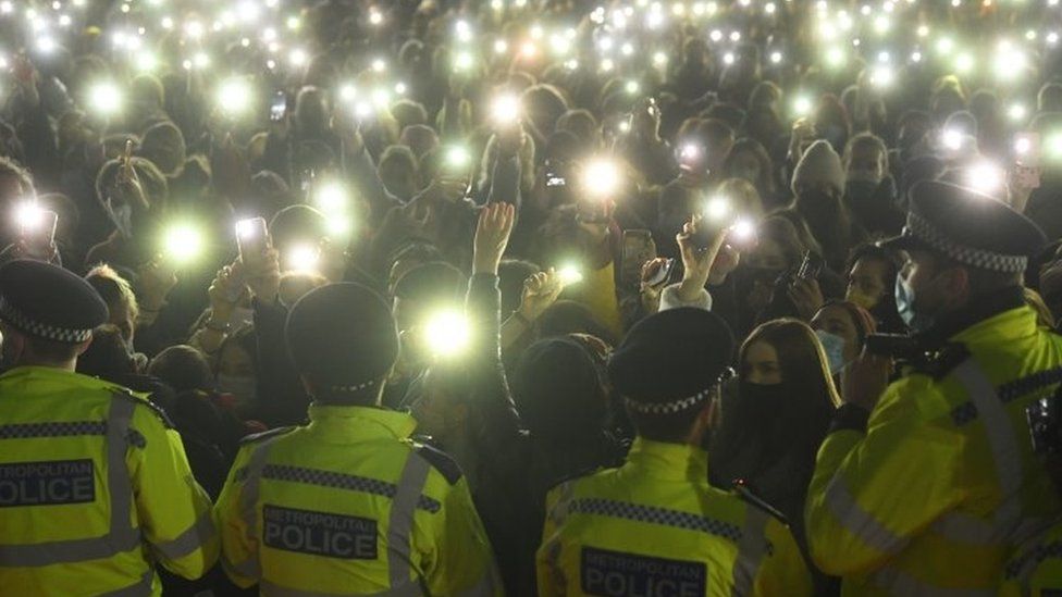 Police officers at the vigil for Sarah Everard in Clapham Common