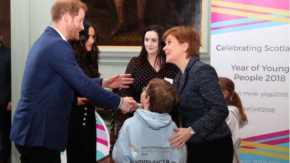 Harry and Meghan meet Scotland's First Minister Nicola Sturgeon during a reception in the Palace of Holyroodhouse