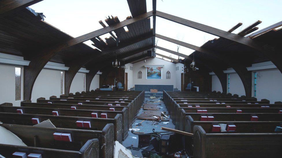 Interior of tornado-damaged Emmanuel Baptist church in Mayfield, Kentucky