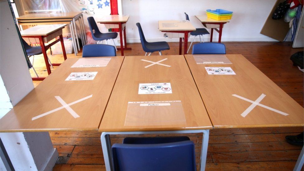 Desks in a school, set up with social distancing in mind