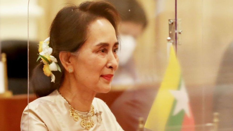 Aung San Suu Kyi attends a meeting with Chinese officials in September, 2020