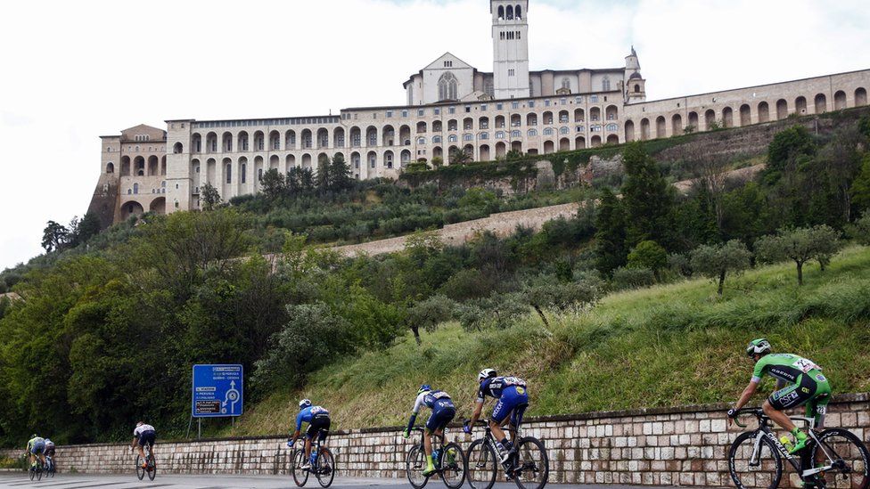 Cyclist ride near Assisi during the 8th stage of 99th Giro d'Italia, Tour of Italy, from Foligno to Arezzo of 186 km on May 14, 2016 in Arezzo, Italy
