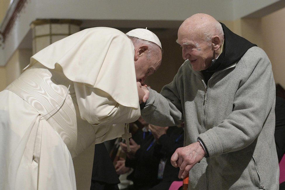 Pope Francis greets French monk Father Jean-Pierre Schumacher in Rabat, Morocco, 31 March