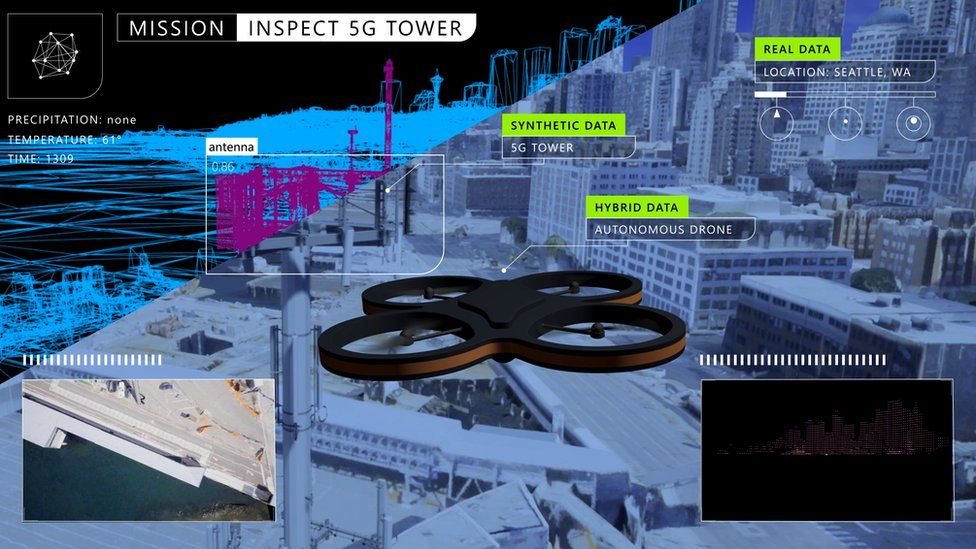 Un dron simulado vuela cerca de una antena telefónica sobre Seattle.