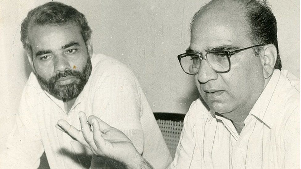 Sanat Kumar addressing at a meeting of BJP (Bhartiya Janta Party) Ahmedabad in 1991. Next to him is Mr Narendra Modi (Prime Minister of India) (then BJP General Secretary)