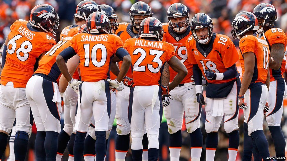 Denver Broncos offensive huddle