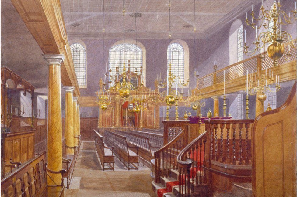 Synagogue, Bevis Marks, City of London, 1884. Interior of the synagogue between nos 10 and 11 Bevis Marks for the Spanish and Portuguese Jewish population of the area.