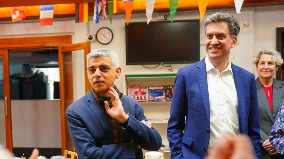 Sadiq Khan during a visit to a school in Stoke Newington with Ed Milliband