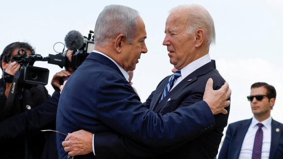 President Joe Biden is welcomed by Israeli Prime Minster Benjamin Netanyahu